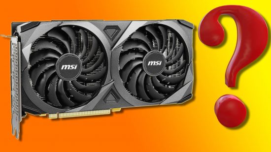 Nvidia GeForce RTX 3050 new variant: an MSI GPU appears next to a red question mark above a yellow and orange background.