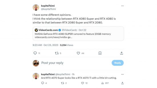 Superfuga de Nvidia GeForce RTX 4080: tweet que muestra la opinión de un filtrador de hardware sobre las próximas tarjetas Nvidia.