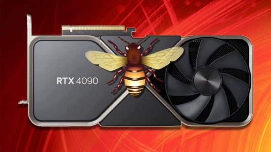 Nvidia GeForce RTX 4090 bug: an Nvidia GPU with a large, bee-like bug on it appears against a red background.