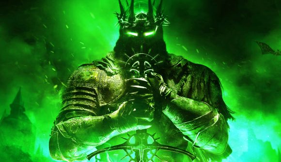 A dark-fantasy character from Lords of the Fallen, standing with a sword in hand, with the Nvidia shade of green all around them.