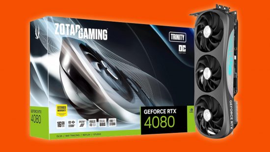An image of the ZOTAC Gaming GeForce RTX 4080 16GB Trinity OC GPU with its box, on an orange background.