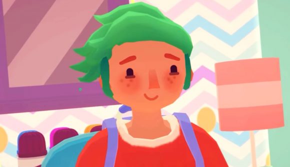 Ooblets - A person with green hair and a red top smiles gently, blushing.