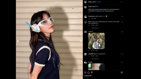 Overwatch 2 K-pop collab - Le Sserafim member Sakura Miyawaki poses in the D.va Gentle Monster glasses in a post on her Instagram account.