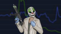Payday 3 player numbers drop: a women in a white leather jacket shooting an M$ while wearing a scary clown mask