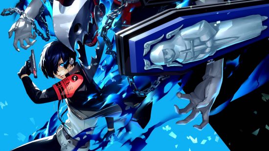 Persona 3 Reload guide The protagonist is using his evoker gun to summon his persona, who is a masked man with chains and a coffin.