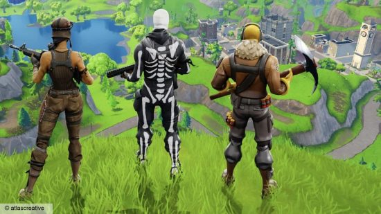 A promotional image for Fortnite Atlas OG showing characters facing out over the map