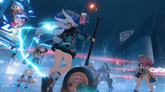A woman leans on a huge hammer in a cyberpunk-style universe with huge Japanese billboards