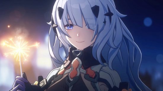 Project Mugen has multiplayer, but with a twist: An anime girl with flowing silver hair and bright blue eyes looks into the camera holding a sparkler firework and smiling gently