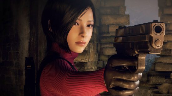 Resident Evil Capcom mods cheats: a woman with short black hair and a red dress holding up a gun