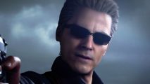 Resident Evil Capcom mods cheats: a man with slicked back blonde hair and black sunglasses holding up a gun