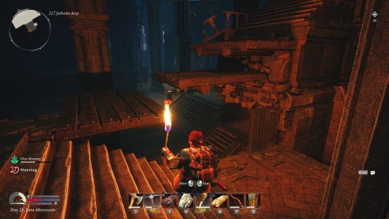The player stands before three platforms, leading up to where you must fix the Return to Moria Great Forge of Narvi.