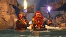 Return to Moria increase inventory space: Two dwarves hold torches and wade through waist-deep water