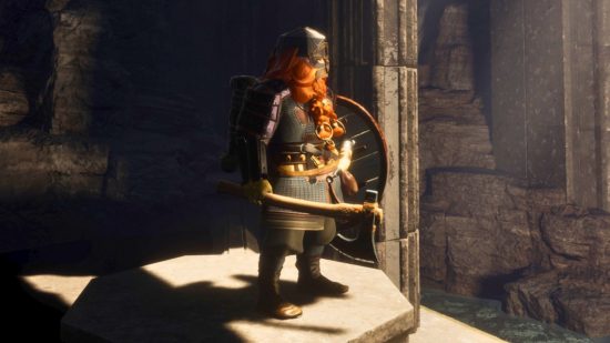 Return to Moria resource farming: a dwarf stands bathed in sunlight