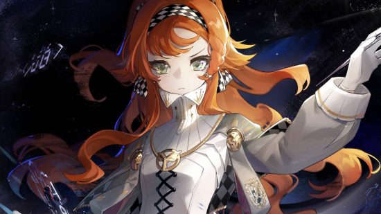 Reverse: 1999 codes: An anime-style woman with long orange hair wearing a white shirt with a golden collar glares into the camera.