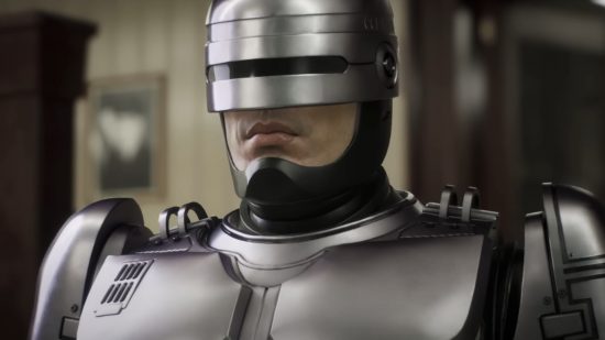 RoboCop: Rogue City best settings: a cyborg with a metal helmet and bionic body looks toward the camera with an impassive expression.