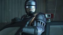 RoboCop Rogue City game pass: RoboCop is getting out of his car in the middle of an alley.
