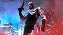 RoboCop is standing with his gun raised in front of several skyscrapers, waiting for the RoboCop Rogue City release date.