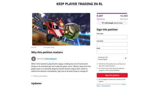 Rocket League elimina el intercambio de jugadores: Petición en Change.org pidiendo a Psyonix y Epic que no eliminen la función de intercambio.