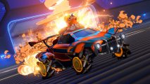Player-to-player trading removed from Rocket League - A blue and orange car drives away from explosions, a tiny miner figuring sat atop the roof.