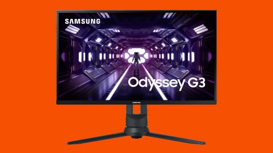 Samsung Odyssey G3 Amazon deal: A Samsung G3 gaming monitor sits on an orange background