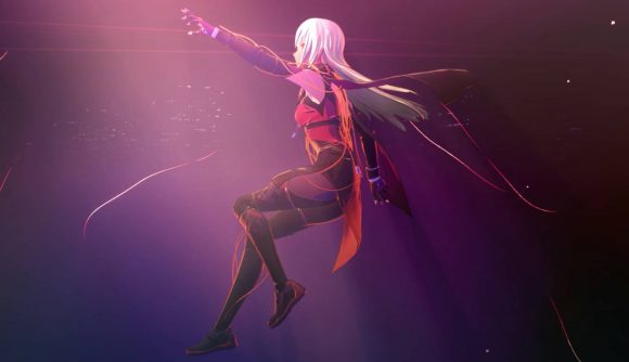Forget Genshin Impact, you can get three of the best anime games for cheap: A girl with long silver hair and a black jumpsuit with red accents flats in a pink-purple background reaching her hand up to a light