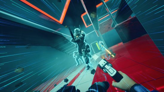 Severed Steel FPS game update: a first-person perspective of someone sliding on the ground, aiming a pistol at an enemy running towards them