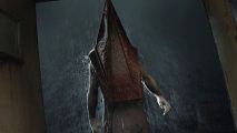 Silent Hill 2 Steam achievements: a person stood in a doorway on a dark night with heavy rain, and they have a giant metal triangle over their head