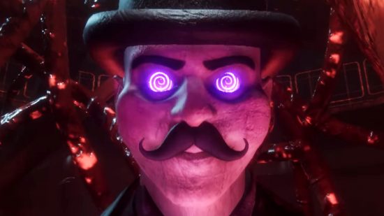 Sker Ritual releases on Steam in April 2024 - A porcelain figure of a moustachioed man with a top hat, purple spirals swirling in his eyes.