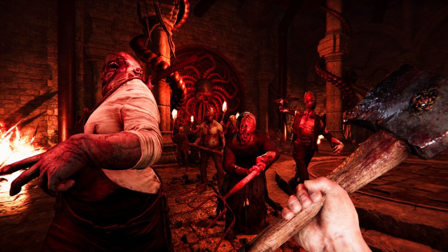 Sker Ritual - First-person view of a person surrounded by cultists in a dark room lit by red light.