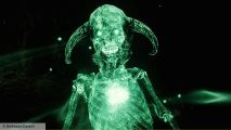 Skyrim mod necromancy: a green spirit skeleton with a horned helmet