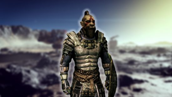 Skyrim mod Starfield feature: an orc in armor stood in front of a blurred background of a planet surface and spaceship