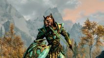 Skyrim sale Steam: a Khajiit cat man in bright armor with a matching sword and shield