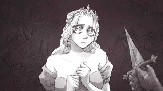 Slay the Spire Steam: a black and white pencil drawing fron the first-person perspective of a women in a dress looking scared, and a person holding a dagger