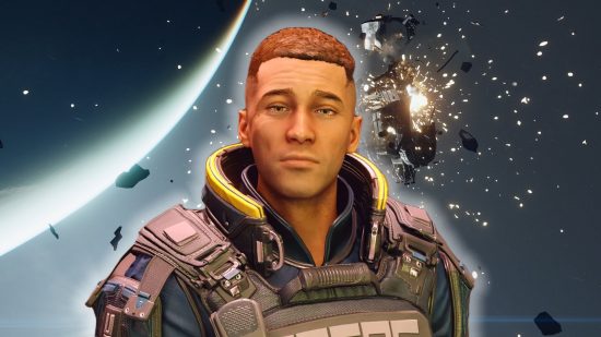 Starfield mod community patch: a space background with a man with a security uniform and short hair in the foreground