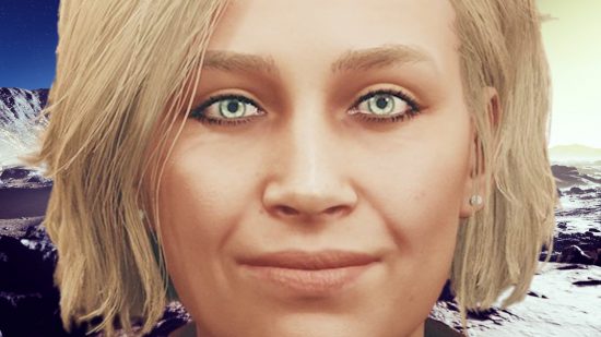 Starfield planets: A smiling blond woman, Sarah Morgan from Bethesda RPG game Starfield