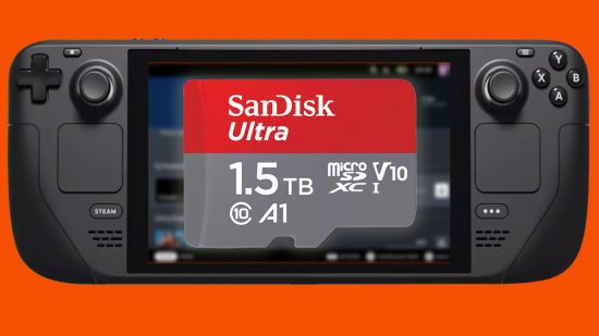 A 1.5TB microSD card on the screen of a Steam Deck, with an orange background.