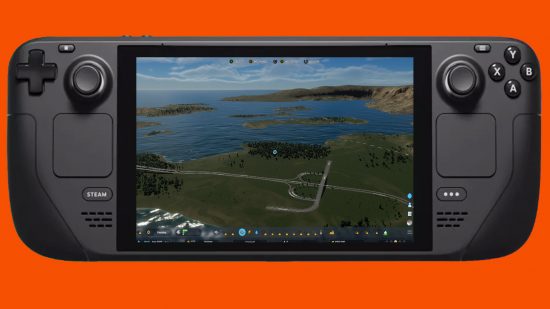 An in-game screenshot of Cities Skylines 2 running on the Steam Deck, on the screen of a Steam Deck.