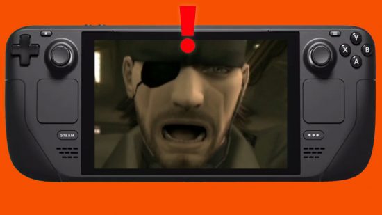 An image of Solid Snake from the Metal Gear Solid game series, looking shocked on the screen of a Steam Deck, with a red exclamation mark above his head.