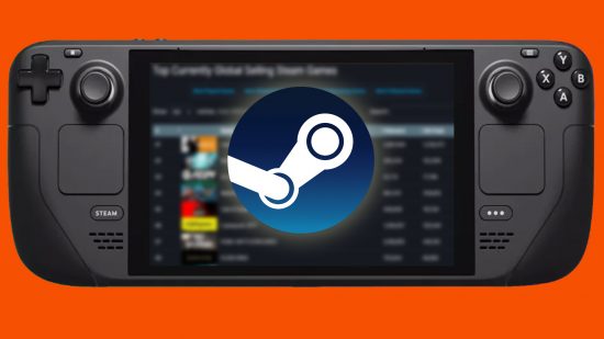 A screenshot of the Steam top sellers list on the screen of a Steam Deck, with the Steam logo on top.