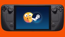 An image of a hugh emoji on the screen of a Steam Deck, with the Steam logo next to it.
