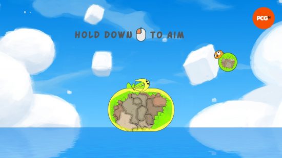 A small yellow blob aims a bow and arrow at an orange blob, both on a grassy platform with a sunny background, in Bopl Battle, one of the best Steam Next Fest games in October 2023.