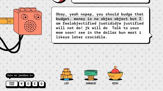 A bunch of nonsensical text above three player avatars in Fixytext, one of the new Jackbox Party Pack 10 minigames, a demo of which can be played during Steam Next Fest October 2023.