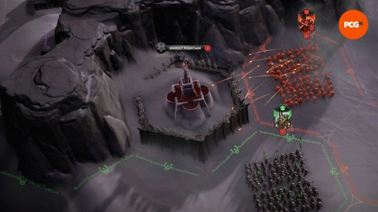 A red legion attacks a place of power as a green team legion looks on in Solium Infernum, one of the best Steam Next Fest demos in October 2023.