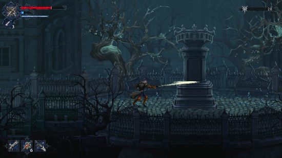 Eryk, the protaganist in The Last Faith, one of the best Steam Next Fest demos in October 2023, shoots a ranged weapon against a dark, gothic background.