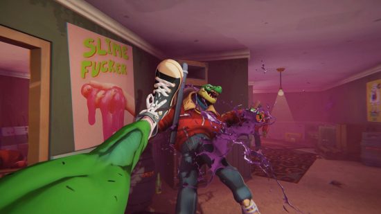 Steam Next Fest FPS games: a foot kicking a crocodile man in a tracksuit in the head