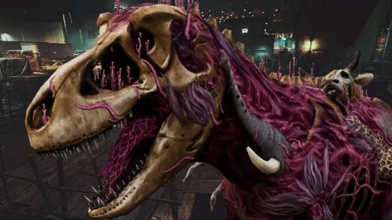 A half zombie, half-skeleton T. Rex, with arms, a cow's head and more poking from its purple flesh.