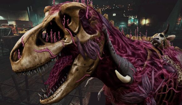 A half zombie, half-skeleton T. Rex, with arms, a cow's head and more poking from its purple flesh.