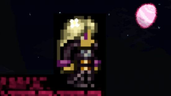 Terraria 1.4.5 update adds vampire bat transformation - A character with platinum blonde hair wearing Leinfors' set, standing under the light of a red moon.