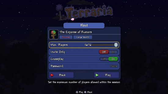 Terraria crossplay testing - A mockup of the server hosting menu with a toggle to turn crossplay on.