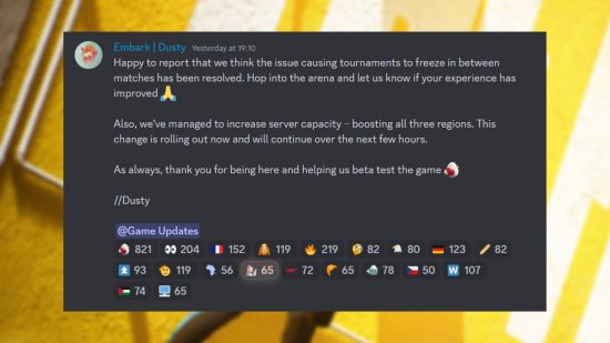 The Finals capacity improvements: a Discord screenshot on a yellow background